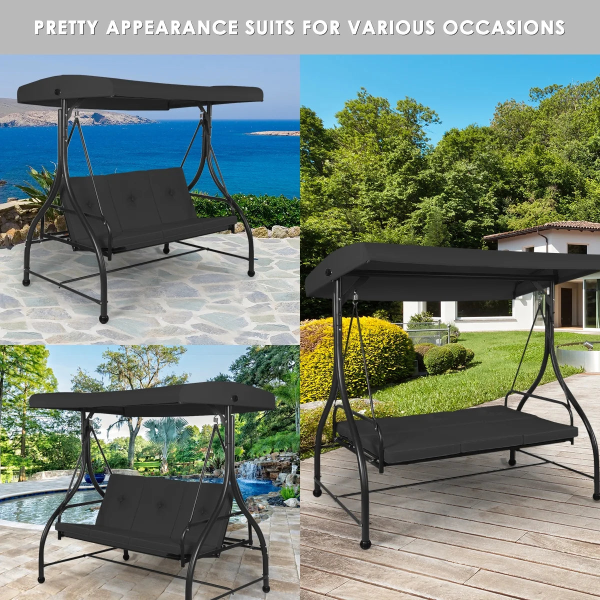 Converting Outdoor Swing Canopy Hammock 3 Seats Patio Deck Furniture Black