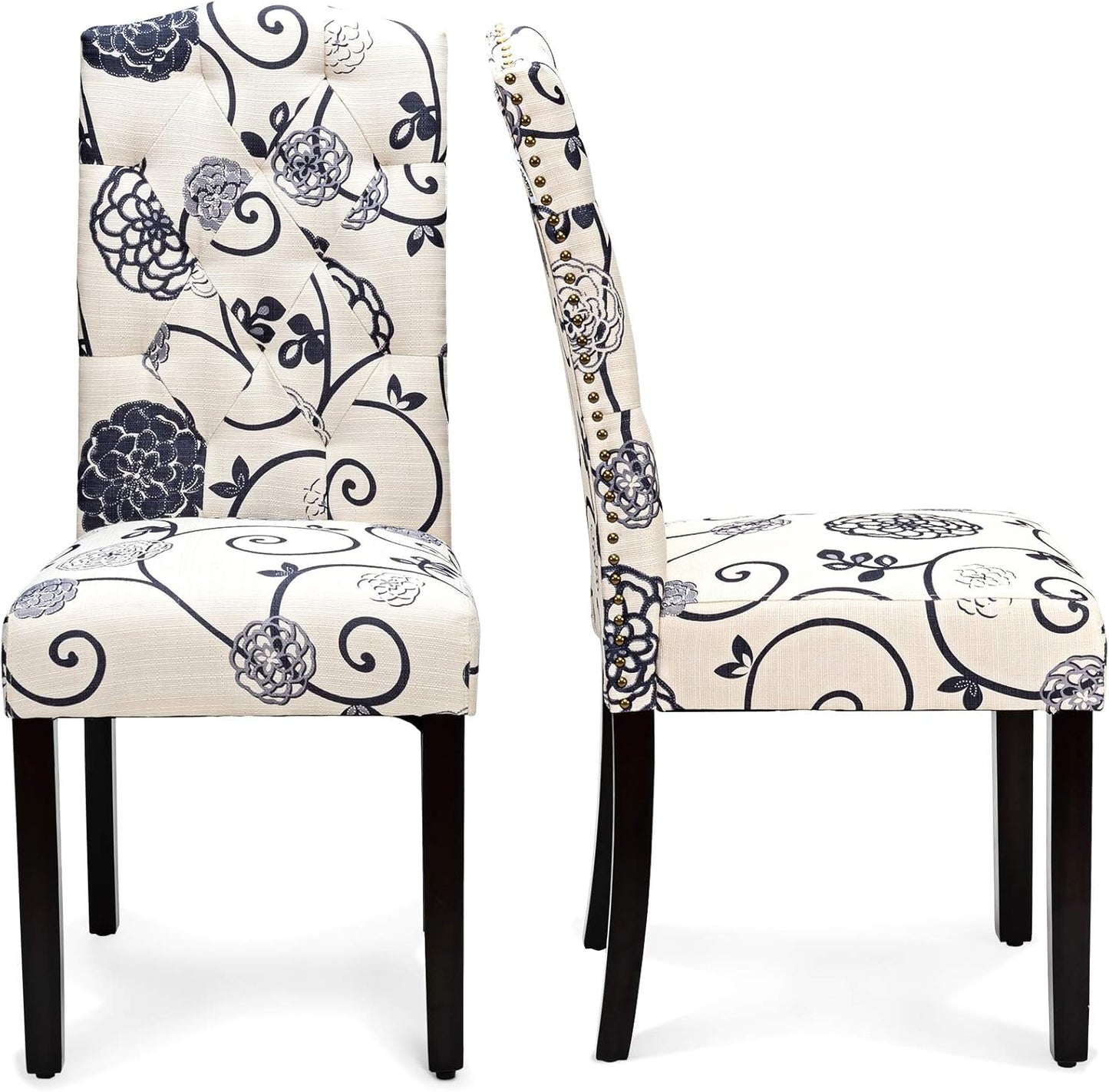 Dining Chairs Set of 2, Tufted Fabric Dining Room Chairs with Nailed Head, Parsons Chairs with Padded Seat, Tall Backrest, Modern Upholstered Armless Dining Chairs for Kitchen, Dining Room