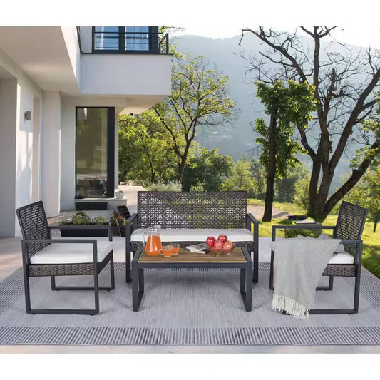 4-Piece Wicker Patio Conversation Set with Cushion, Outdoor Patio Furniture Set with Wood Table Top-Grey Cushions