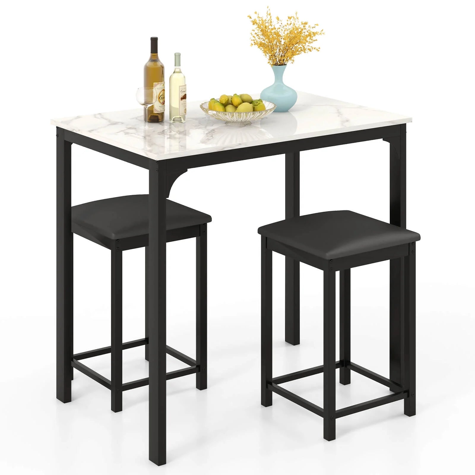 3 Piece Counter Height Dining Set Faux Marble Table and 2 Chairs Kitchen Bar