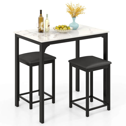 3 Piece Counter Height Dining Set Faux Marble Table and 2 Chairs Kitchen Bar