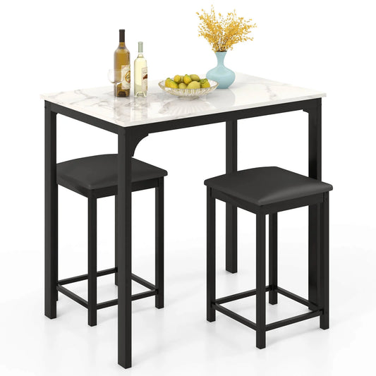 3 Piece Counter Height Dining Set Faux Marble Table and 2 Chairs Kitchen Bar