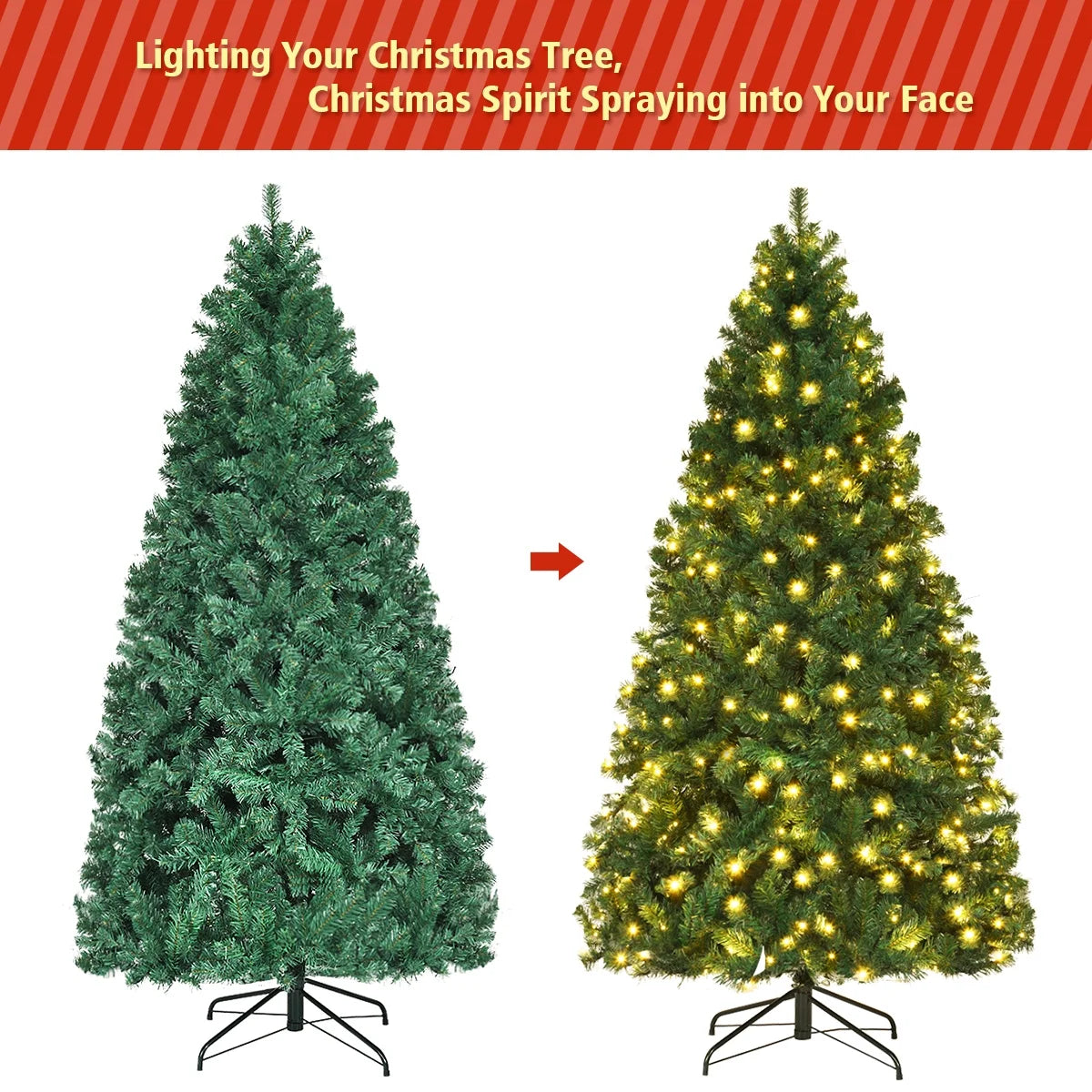 7Ft Pre-Lit PVC Hinged Christmas Tree 300 LED Lights Green