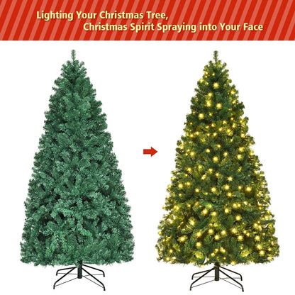 7Ft Pre-Lit PVC Hinged Christmas Tree 300 LED Lights Green