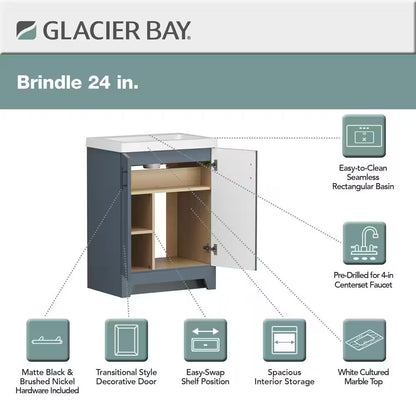 Brindle 24.5 In. W X 16.25 In. D X 33.8 In. H Single Sink Bath Vanity in Steel Blue with White Cultured Marble Top