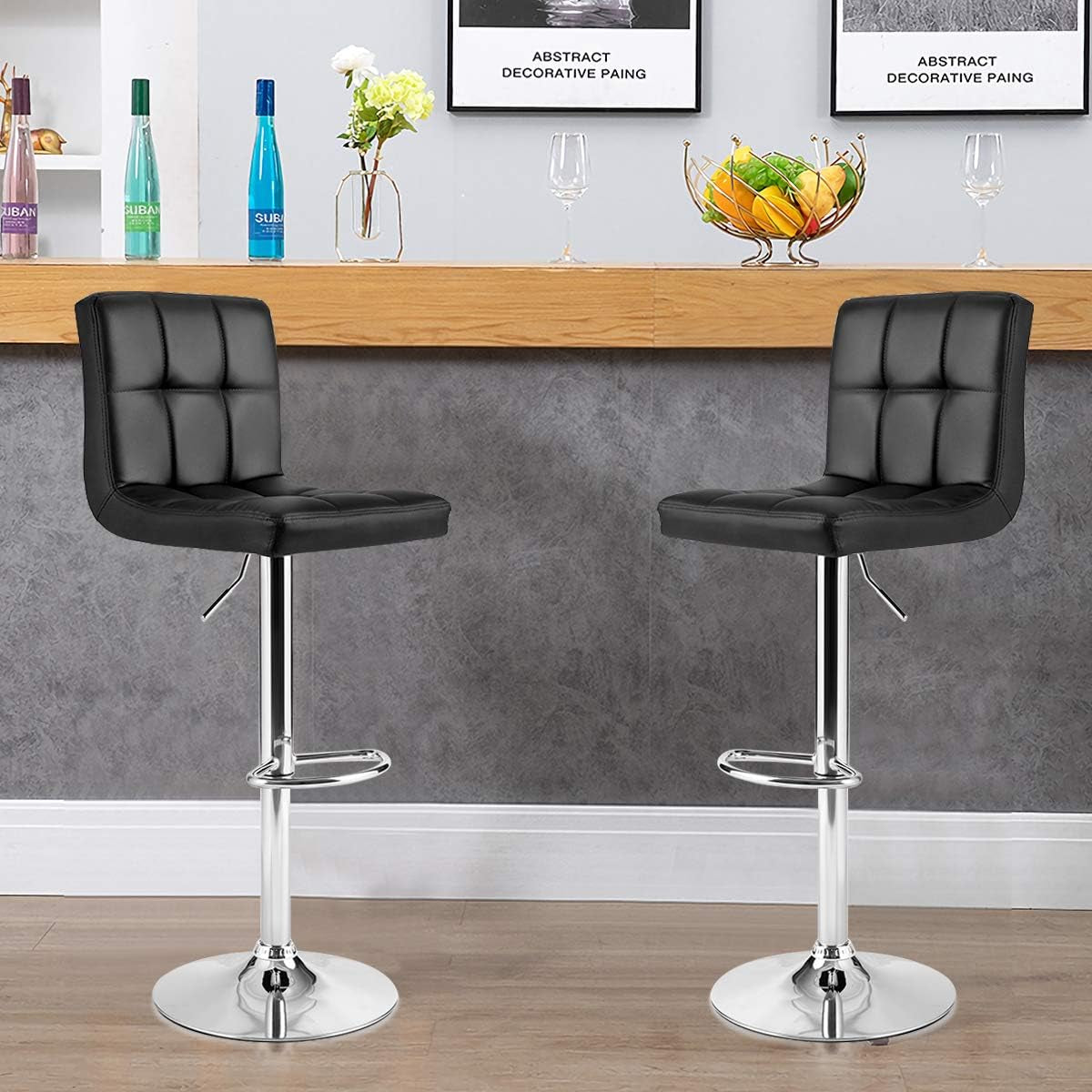 Adjustable Bar Stools Set of 2, Modern Swivel PU Leather Bar Chair with Backrest, Soft Cushioned Seat, Footrest, Sturdy Metal Frame, Comfortable Barstools for Kitchen Island, Pub, Black