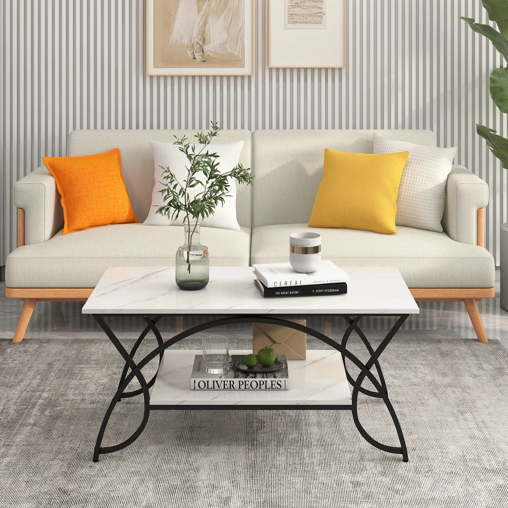 Industrial Engineered Wood Coffe Table with Storage Shelf, White