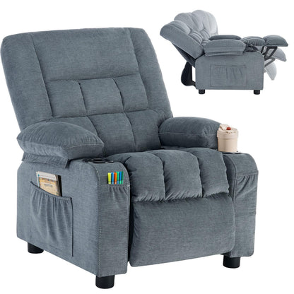 Kids Recliner Chair,Push Back Toddler Recliner with Cup Holders & Side Pockets,Adjustable Footrest & Headrest Kids Sofa for Boys Girls 3+ Age Group, Grey