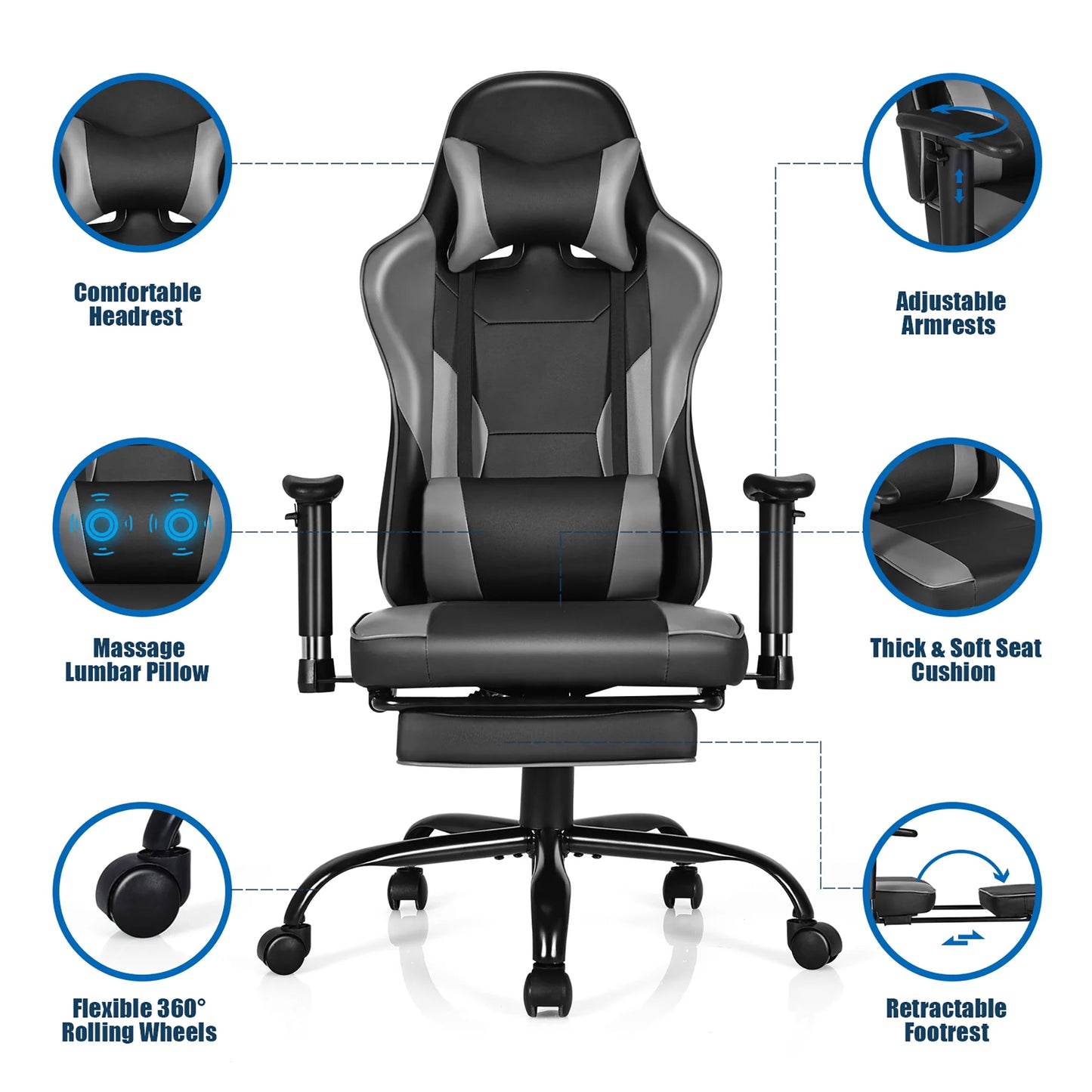 Gaming Chair Racing High Back Office Chair W/ Footrest Black