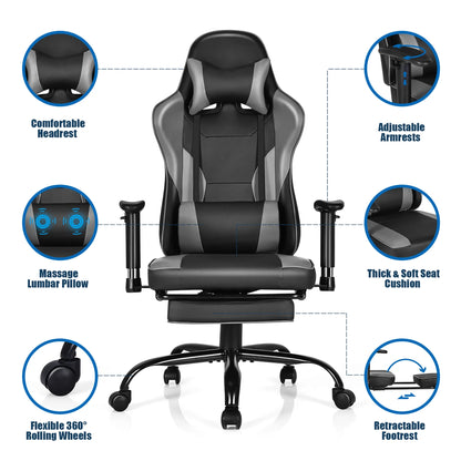 Gaming Chair Racing High Back Office Chair W/ Footrest Black