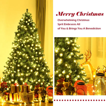 7Ft Pre-Lit PVC Hinged Christmas Tree 300 LED Lights Green