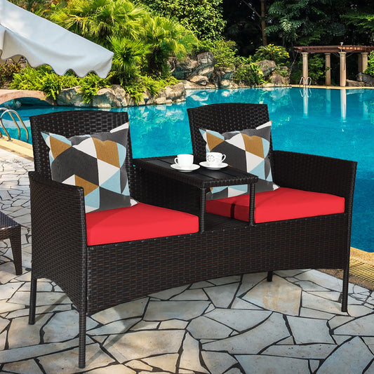 Patio Rattan Loveseat Sofa Cushioned Coffee Table Red