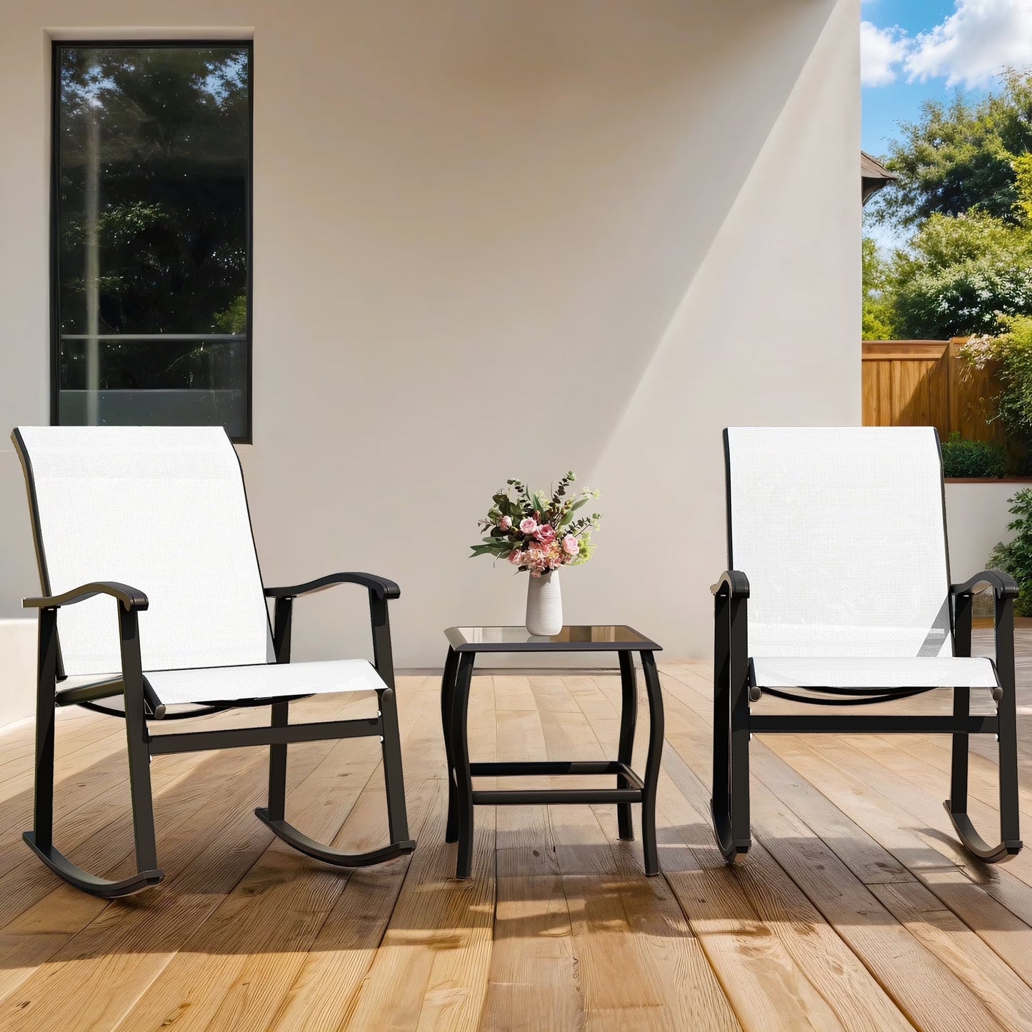 3 Pieces Rocking Bistro Patio Furniture Rocker Set with 2 Outdoor Rocking Chairs and 1 Glass Coffee Table for Porch Deck Lawn,Deep Blue