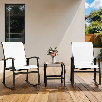 3 Pieces Rocking Bistro Patio Furniture Rocker Set with 2 Outdoor Rocking Chairs and 1 Glass Coffee Table for Porch Deck Lawn,Deep Blue