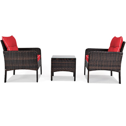 3PCS Outdoor Rattan Conversation Set Patio Furniture Cushioned Sofa Chair Red