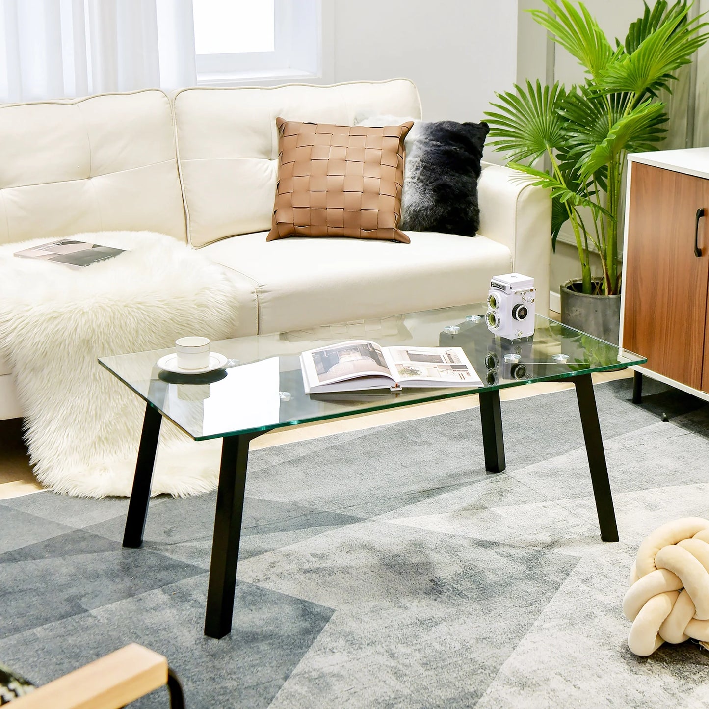 Tempered Glass Coffee Table Modern Center Table with Metal Frame for Living Room