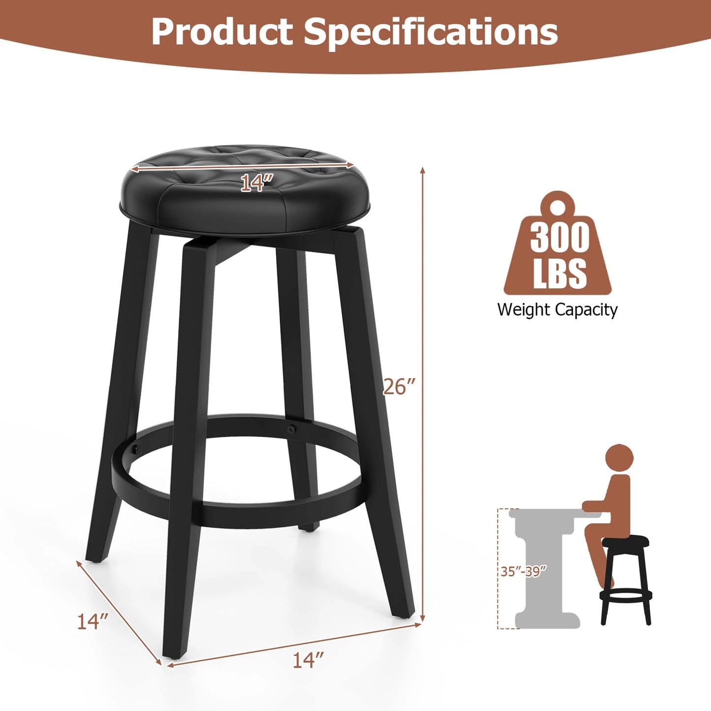 26" Swivel Bar Stool Set of 2 Upholstered Counter Height Rubber Wood Frame Black
