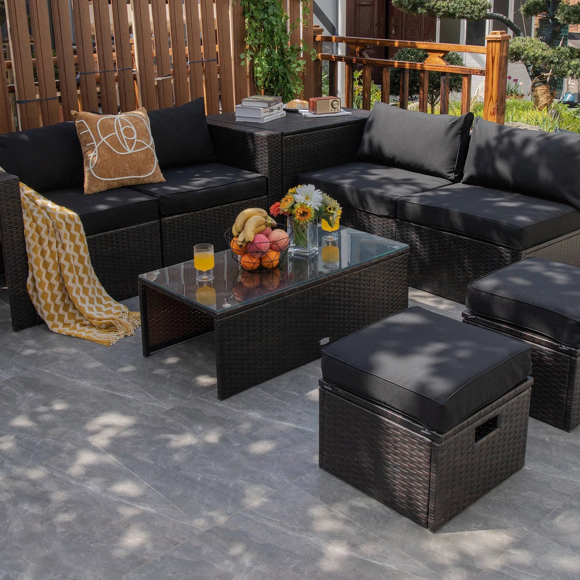 8-Piece Rattan Outdoor Patio Dining Set, Black