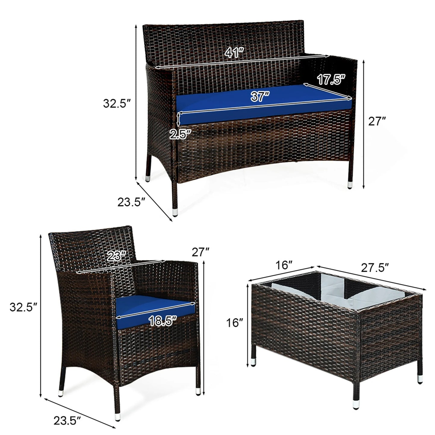 4PCS Rattan Patio Furniture Set Cushioned Sofa Chair Coffee Table Navy