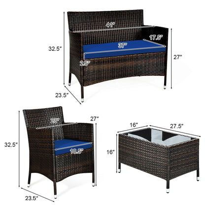 4PCS Rattan Patio Furniture Set Cushioned Sofa Chair Coffee Table Navy