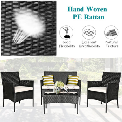 4PCS Patio Rattan Furniture Set Cushioned Sofa Coffee Table Backyard Porch White