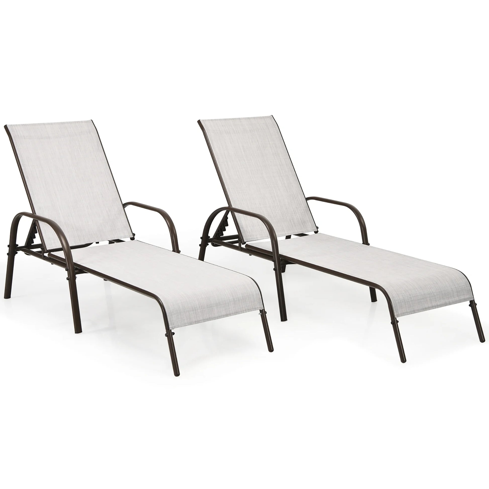 2PCS Patio Lounge Chair Chaise Adjustable Reclining Armrest Gray
