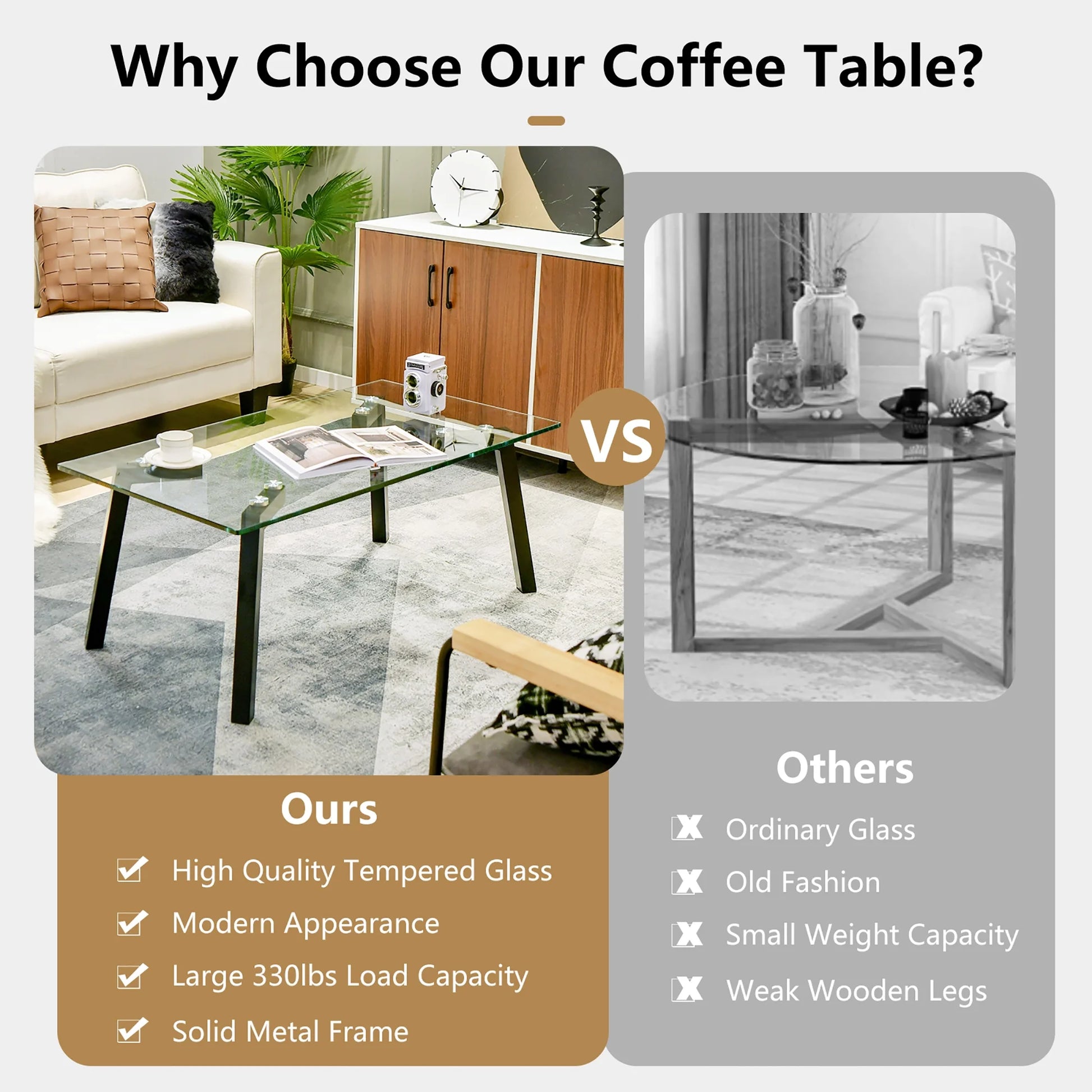 Tempered Glass Coffee Table Modern Center Table with Metal Frame for Living Room