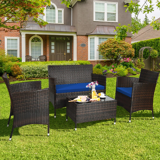 4PCS Rattan Patio Furniture Set Cushioned Sofa Chair Coffee Table Navy
