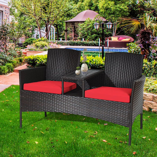 Patio Rattan Conversation Set Seat Sofa Cushioned Loveseat Glass Table Chair Red