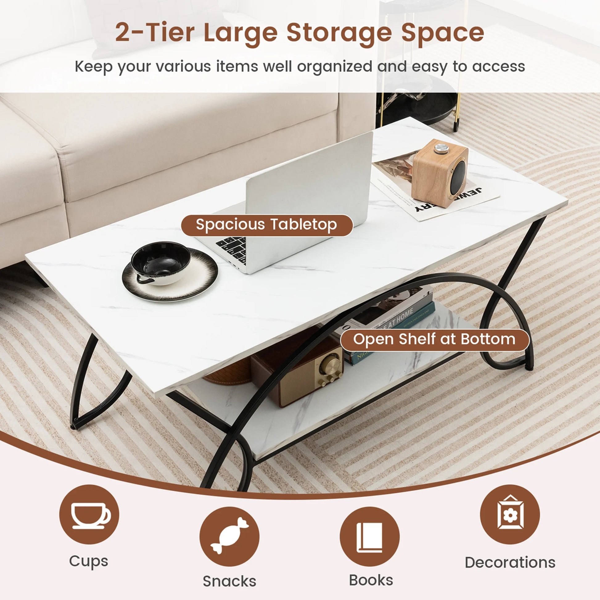 Industrial Engineered Wood Coffe Table with Storage Shelf, White