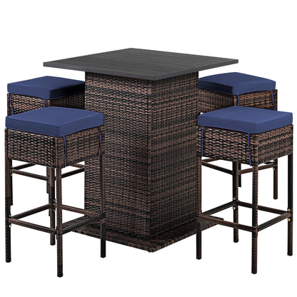 5PCS Patio Rattan Bar Table Stool Set Hidden Storage Shelf Cushioned Navy