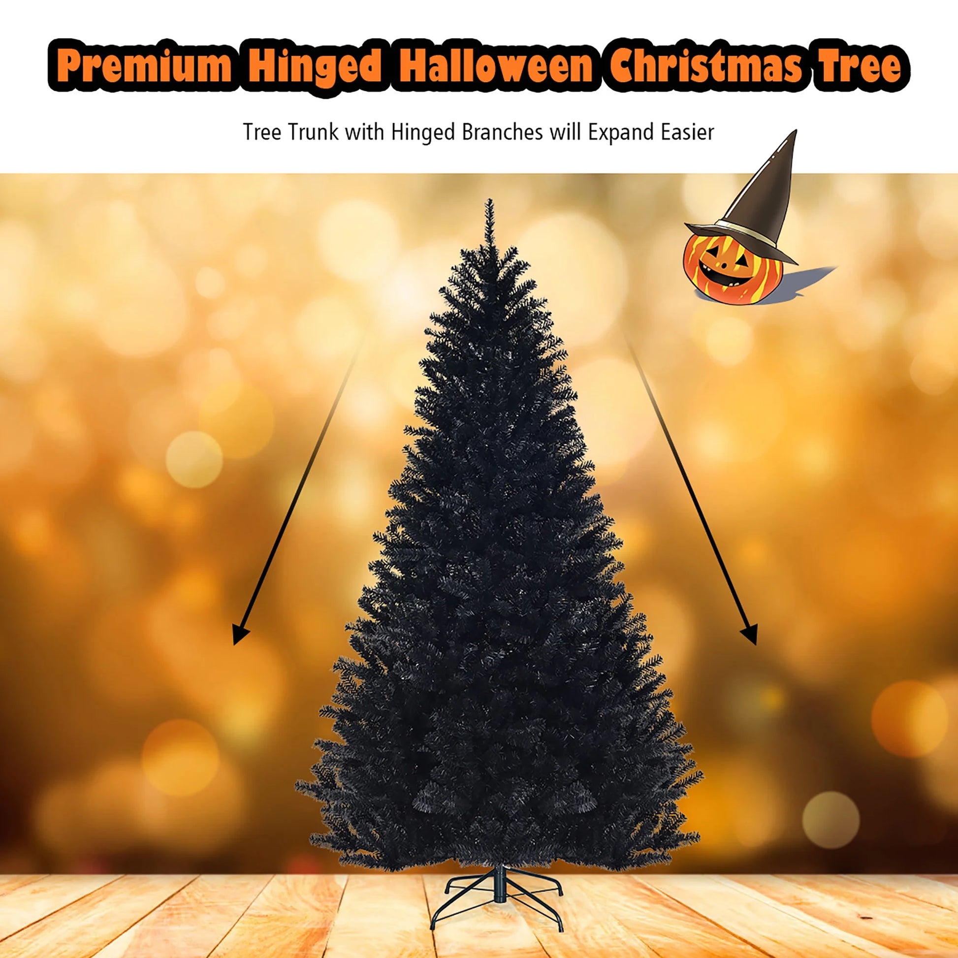 7.5Ft Hinged Artificial Christmas Tree Full Tree W/ Metal Stand Black
