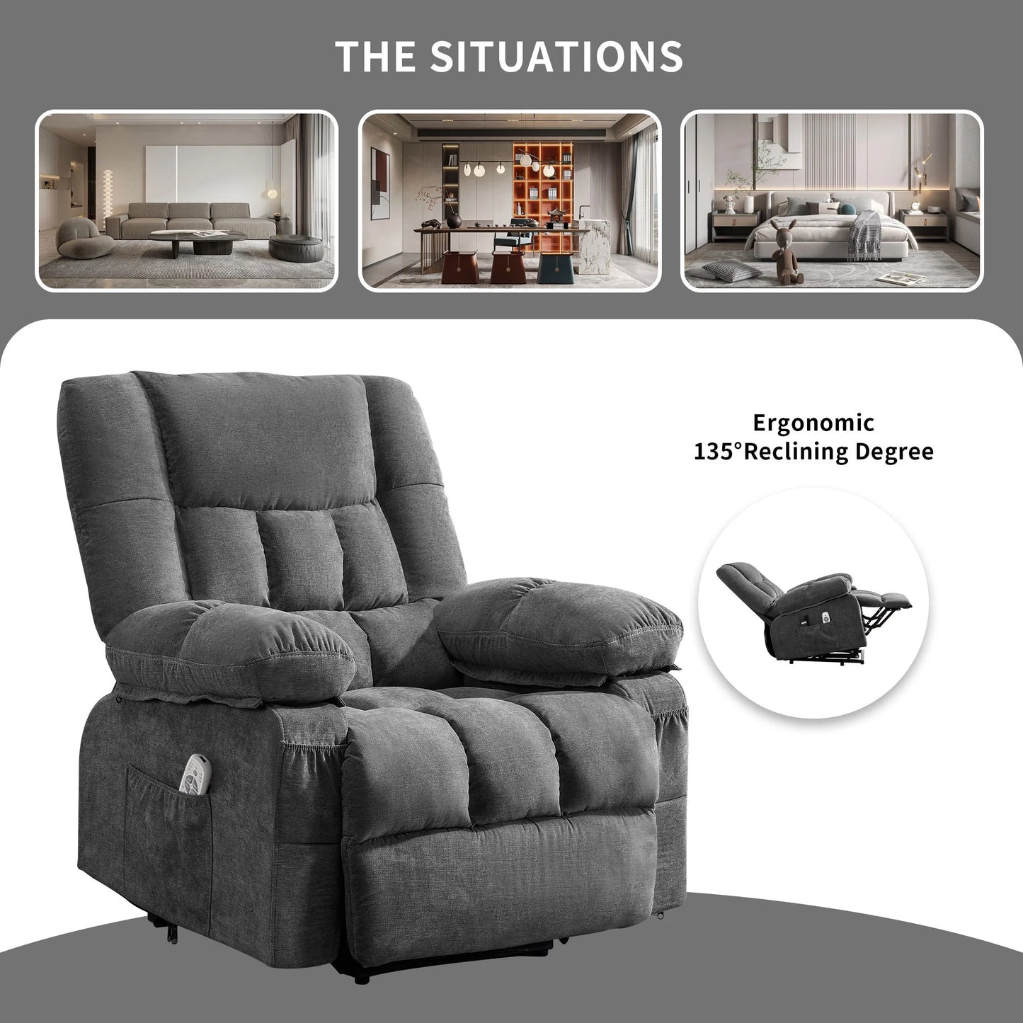 Power Lift Recliner Chair Recliners for Elderly with Heat and Massage Recliner Chair for Living Room with Infinite Position and Side Pocket,Usb Charge Port,Grey
