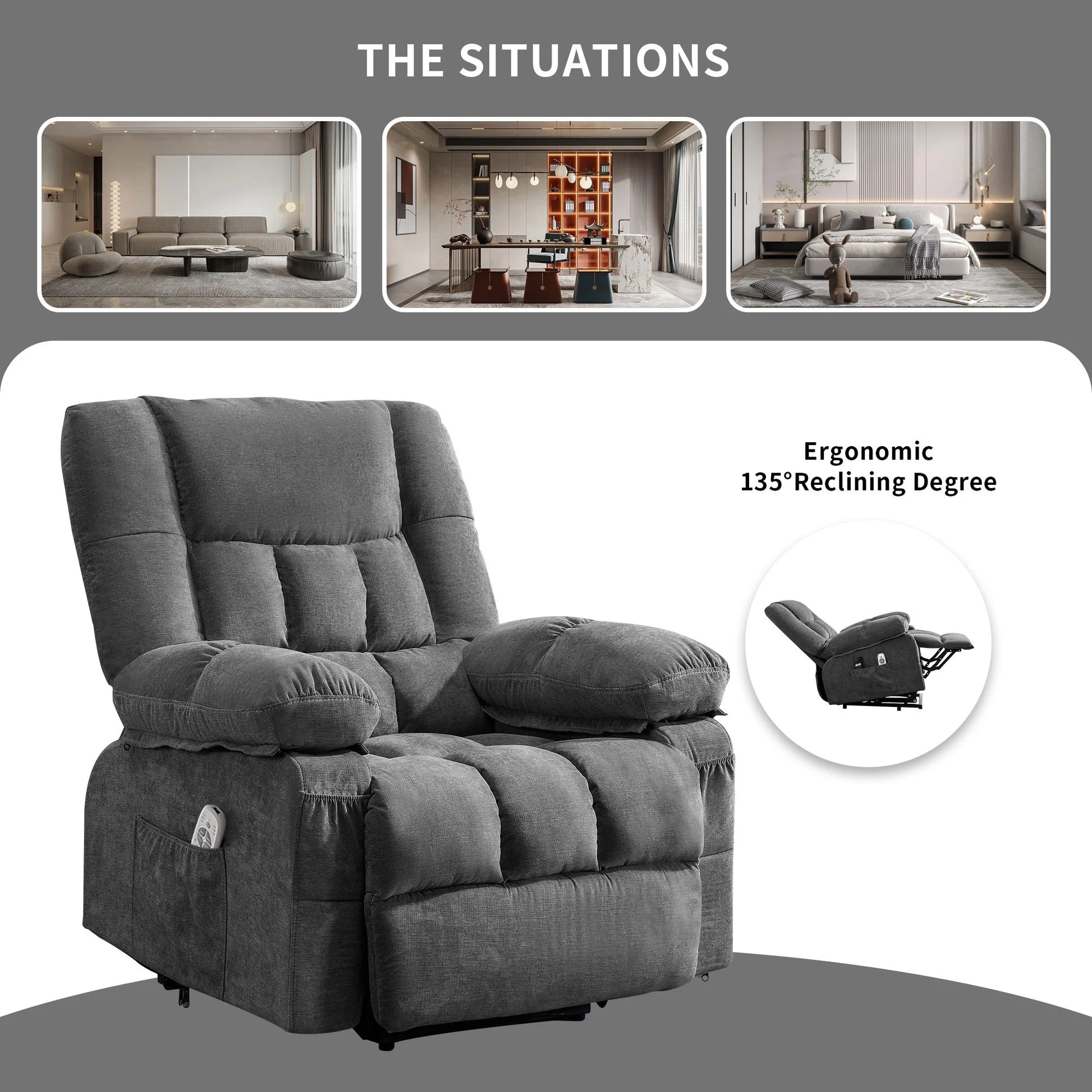 Power Lift Recliner Chair Recliners for Elderly with Heat and Massage Recliner Chair for Living Room with Infinite Position and Side Pocket,Usb Charge Port,Grey