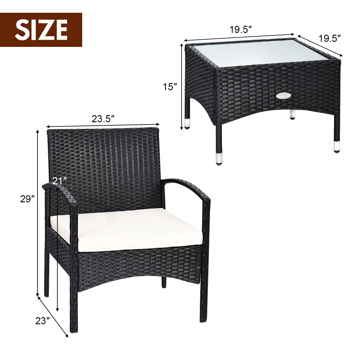 3 PCS Furniture Set Table & 2 Chair Patio Wicker Rattan W/Cushion