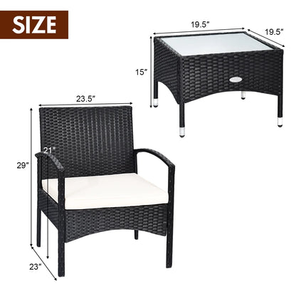3 PCS Furniture Set Table & 2 Chair Patio Wicker Rattan W/Cushion