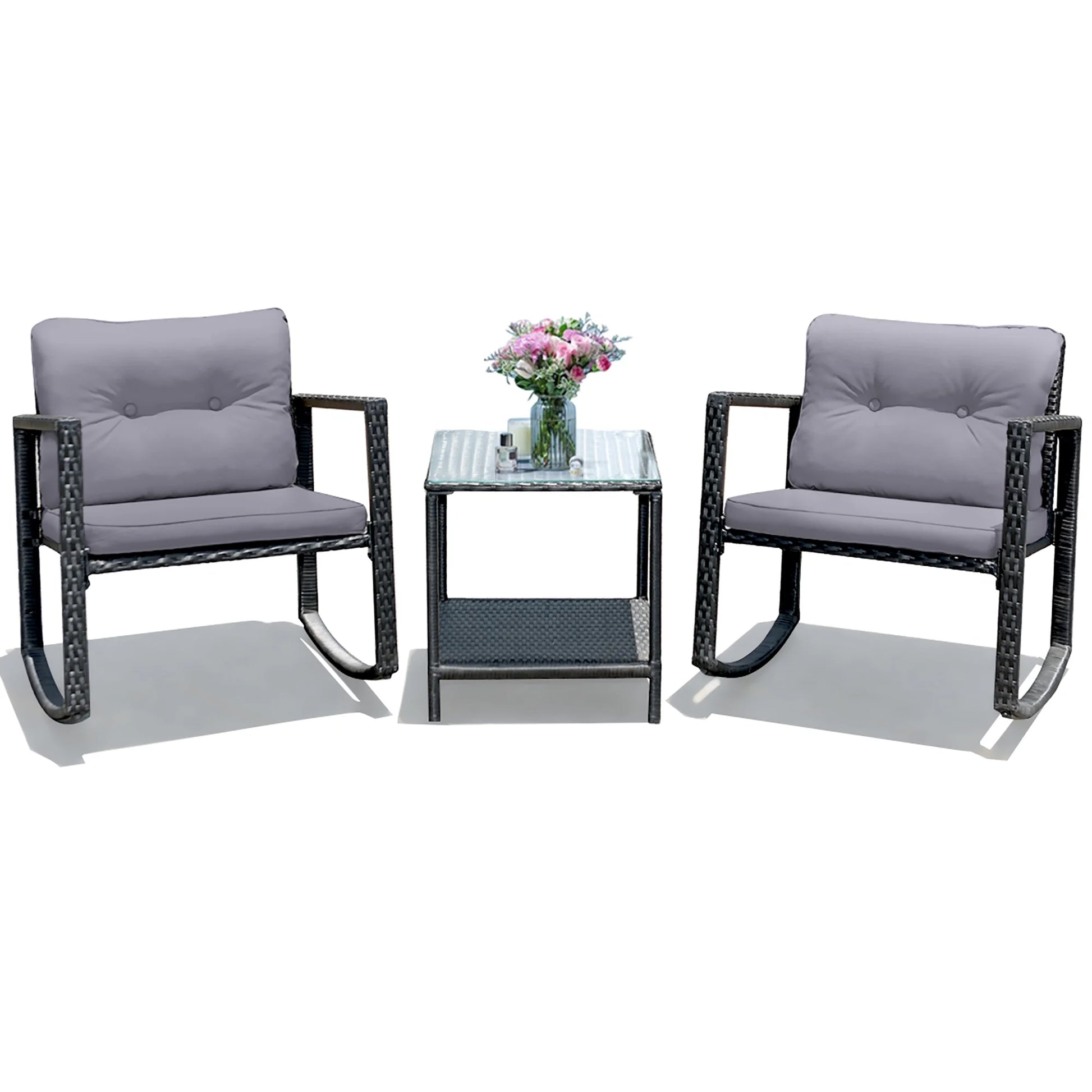 3PCS Patio Rattan Furniture Set Rocking Chairs Cushioned Sofa Gray