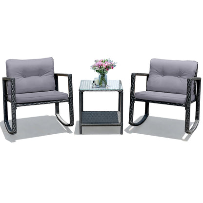 3PCS Patio Rattan Furniture Set Rocking Chairs Cushioned Sofa Gray
