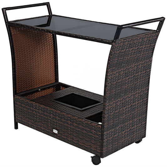 Patio Rolling Rattan Kitchen Trolley Cart Dining Aluminum Frame with Storage Box