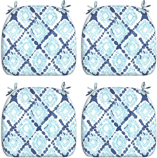 Outdoor Chair Cushions Set of 4, Patio Seat Cushions D16Xw17 with Ties, Water Repellent Chair Pads for Patio Furniture Garden Use, Boho Geometry Blue