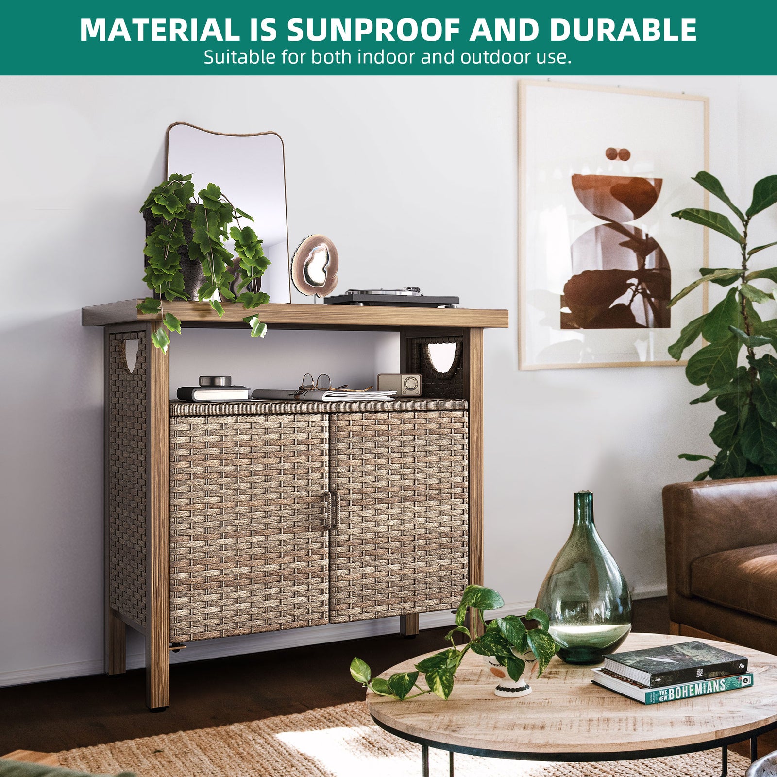 Outdoor Storage Cabinet Patio Wicker Bar Counter Table 2 Doors Backyard Patio