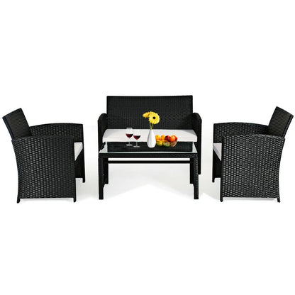 4-Piece Rattan Outdoor Conversation Set with Sofa and Coffee Table, Black