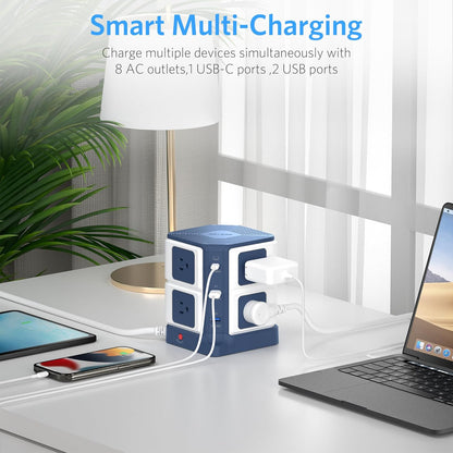PD 65W USB Power Strip Tower Surge Protector, Desktop Charging Station with 8-Outlet Widely Spaced AC Outlets with 2 USB-A USB-C PD3.0 Ports, 4.9Ft Heavy-Duty Extension Cord for Home Office