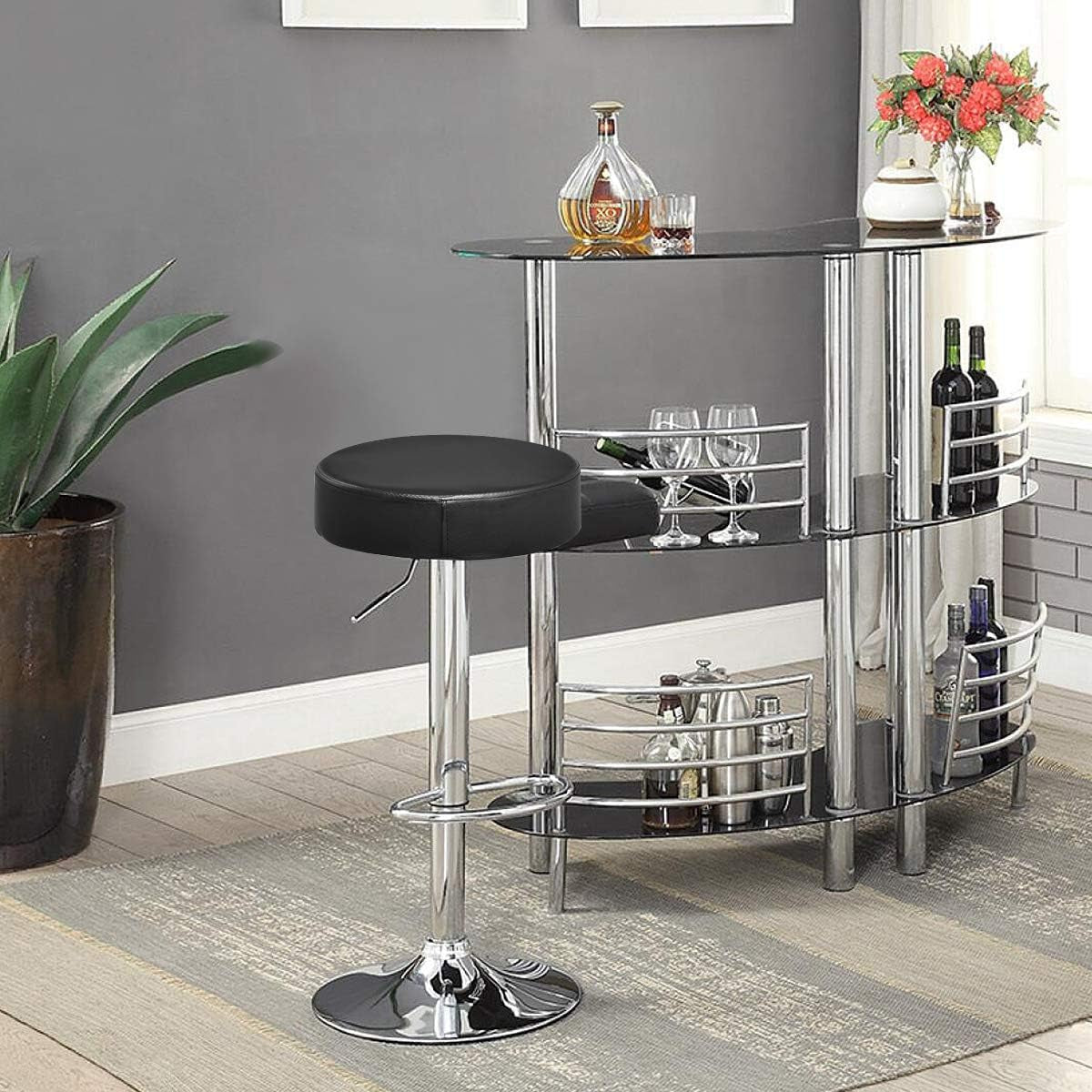 Bar Stool, Modern Swivel Backless round Barstool, PU Leather Armless Bar Chair with Height Adjustable, Chrome Footrest, Sturdy Metal Frame for Kitchen Dining Living Bistro Pub (Black, 1 Pc)
