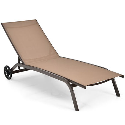 Outdoor Adjustable Chaise Lounge Patio 6-Position Recliner with Wheels Black
