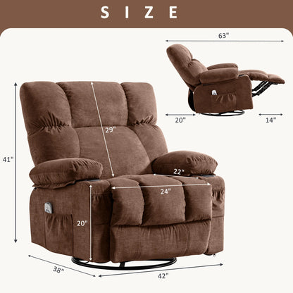 Massage Swivel Rocker Recliner Chair with Vibration Massage and Heat Ergonomic Lounge Chair for Living Room with Rocking Function and Side Pocket, 2 Cup Holders, USB Charge Port,Brown