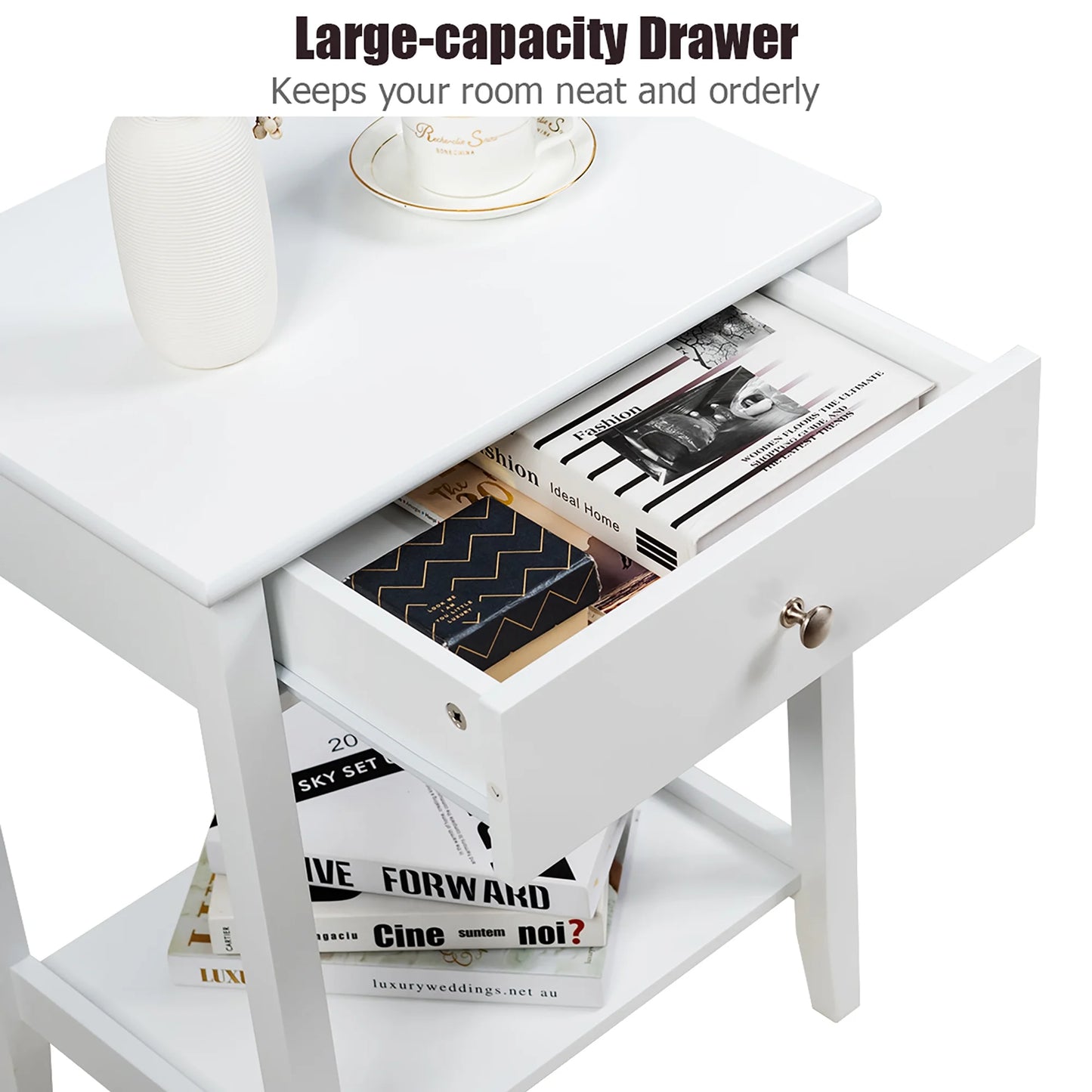 Nightstand End Table Storage Display Bedroom Furniture Drawer Shelf beside White