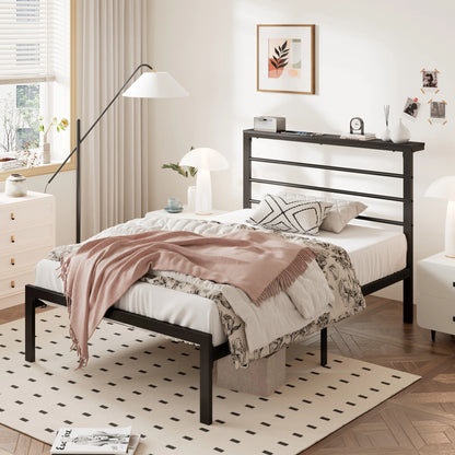 Twin Size Metal Platform Bed Frame with Black Shelf Headboard & Storage, Adult