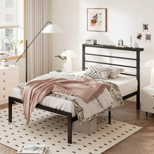 Twin Size Metal Platform Bed Frame with Black Shelf Headboard & Storage, Adult
