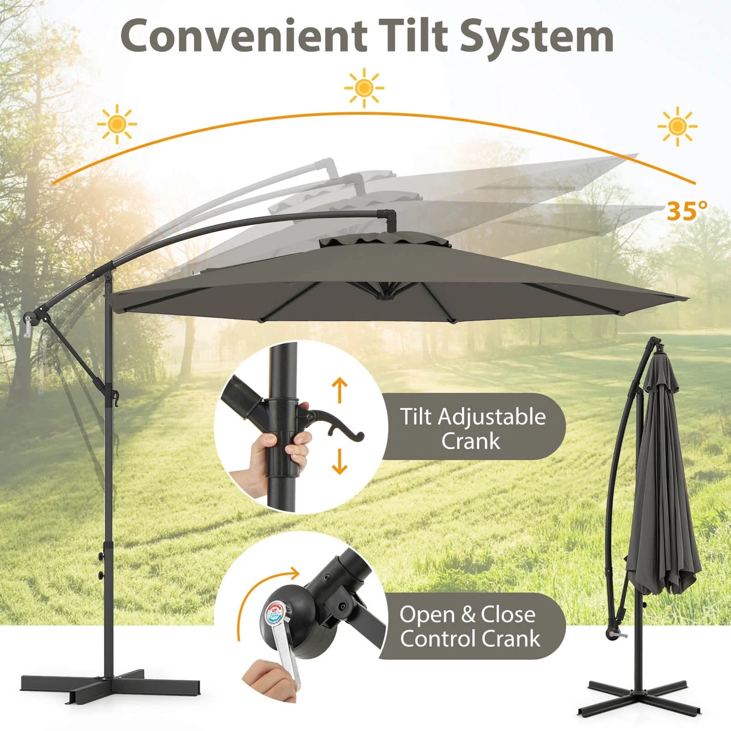 10 FT Patio Offset Umbrella W/8 Ribs Cross Base Tilt Grey